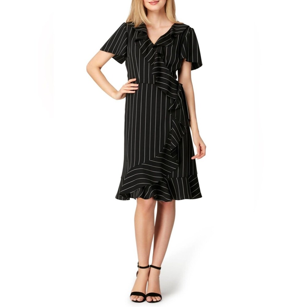 Tahari Black & White Pinstripe Wrap Design Mini Dress Raffled Fit & Flared 14P
